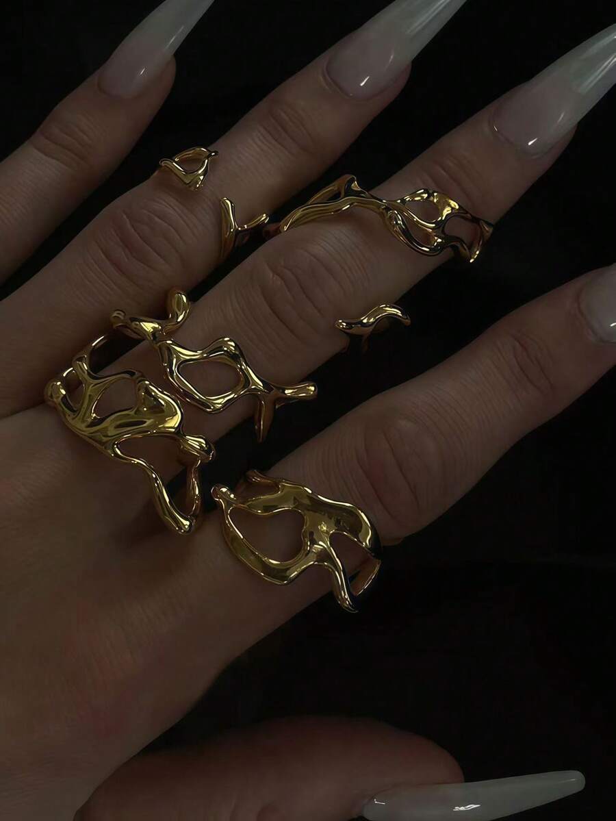 4pcs/Set Creative Water Drop Design Stackable Geometric Rings, Women Daily, Date, Party, Festival Gift Accessories - Yellow Gold - View 1