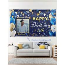 1pc Personalized Couples, Family, Friends Birthday Celebration Wall Tapestry, Men's Style With Photo, Blue, Gold, White Balloons, Ribbons And Text Decorations, Birthday Party/Living Room/Bedroom/Office Home Decor, Wall Hanging, Custom Tapestry, Custom Flags, Room Decor, Tapestry, Breathable,Lightweight,Washable,Cute,Love,Cozy,Soft,Comfortable,Simple,Custom,Personalized,Unique,Him,Her,Boyfriend,Girlfriend,Dad,Mom,Family,Friends - 彩色 - 查看 1