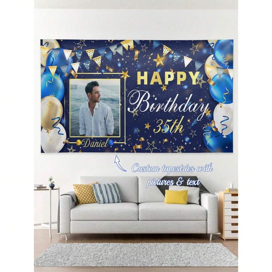 1pc Personalized Couples, Family, Friends Birthday Celebration Wall Tapestry, Men's Style With Photo, Blue, Gold, White Balloons, Ribbons And Text Decorations, Birthday Party/Living Room/Bedroom/Office Home Decor, Wall Hanging, Custom Tapestry, Custom Flags, Room Decor, Tapestry, Breathable,Lightweight,Washable,Cute,Love,Cozy,Soft,Comfortable,Simple,Custom,Personalized,Unique,Him,Her,Boyfriend,Girlfriend,Dad,Mom,Family,Friends - 彩色 - 查看 1