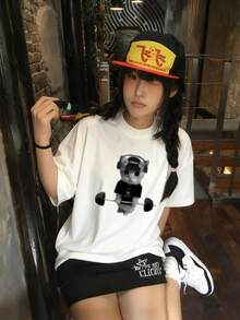 1pc Women's Casual Loose T-Shirt, 2026 Spring/Summer New Design, Pixel Graphic Cute Cat Print, Versatile Round Neck Top For Daily, Student Wear - White - View 1