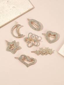 1pc Elegant Minimalist Versatile Hair Clips With Rhinestones, Heart, Star, Moon, Flower, Butterfly Metal Clips - Multicolor - View 2