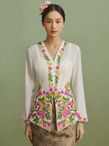 Nyonya Kebaya，女士 Kebaya，传统土生华人服装，优雅土生华人连衣裙，时尚刺绣长袖衬衫夹克，白色衬衫，开斋节衣服，开斋节 - 白色 - 查看 3
