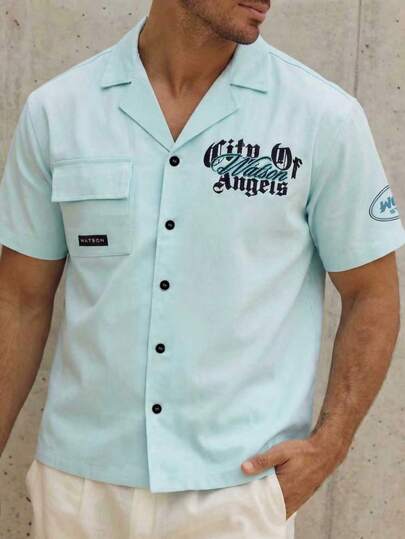 Men's Vacation Style Printed Shirt, Mint Blue Palm Tree Print Top, Retro Angel City Angel Print Top, Beautiful Beach Vacation Outfit