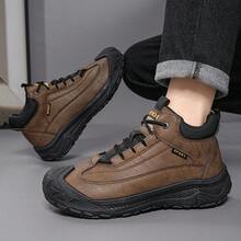Men's High Top Outdoor Hiking Work Boots, Lace Up Anti-Slip Wear-Resistant Thick Sole Toe Protection Casual Trekking Ankle Boots For Men Daily Commute Outdoor Activities - màu nâu - Xem 4