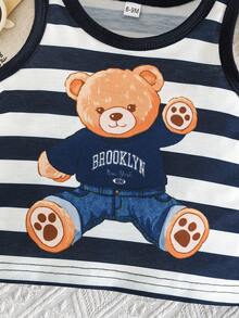 2 sztuki/zestaw ubranek dla chłopców z nadrukiem uroczego misia, w zestawie bezrękawnik w paski i spodenki z kreskówkową grafiką, swobodny letni styl sportowy/plażowy - Wielokolorowe - Zobacz 5