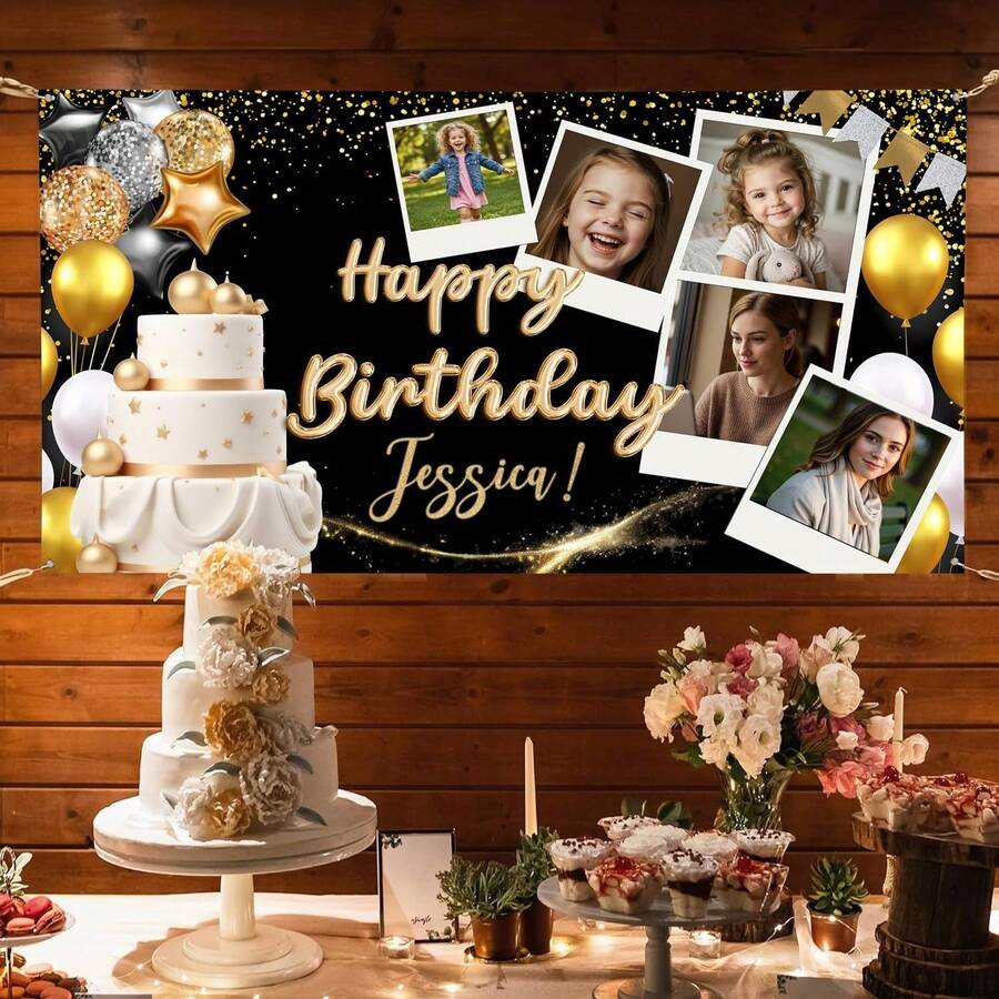 Customized Birthday Banner Personalized With Pictures And Name, Happy Birthday Party Decorations For Husband Or Men, Unique Celebration Backdrop Banner For Event - Màu 4 - Xem 1