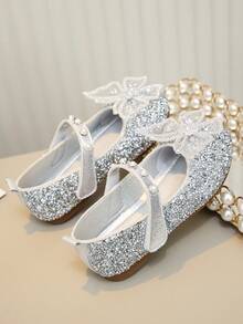 Zapatos planos para bebé niña con lazo, cristales y perlas - Plateado - Ver 5