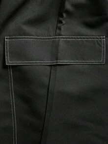 Men's Black Wide Leg Cargo Pants With Contrast Stitching And Button Waist, Street Style - Black - View 8