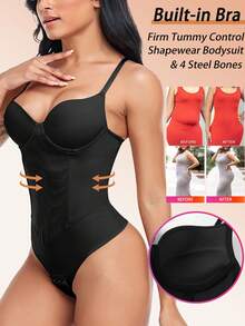 Built In Bra Women Shapewear Bodysuit Thong Tummy Control Underwear Tank Top Vest Slimming Abdomen Compression Body Shaper Under The Dress Party Wedding Waist Trainer Padded Shelf Bra 4 Steel Boned - 黑色 - 查看 1