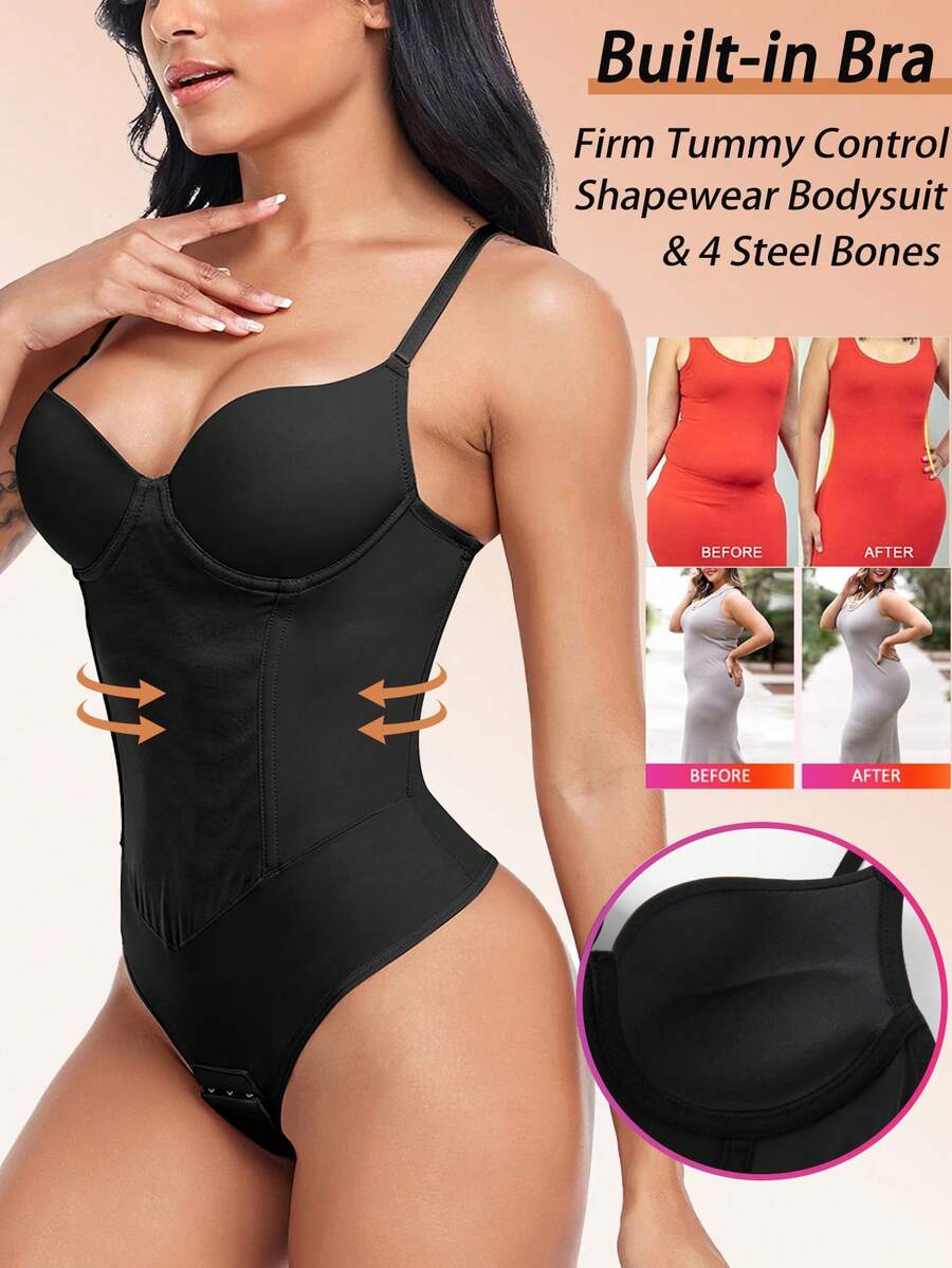 Built In Bra Women Shapewear Bodysuit Thong Tummy Control Underwear Tank Top Vest Slimming Abdomen Compression Body Shaper Under The Dress Party Wedding Waist Trainer Padded Shelf Bra 4 Steel Boned - 黑色 - 查看 1
