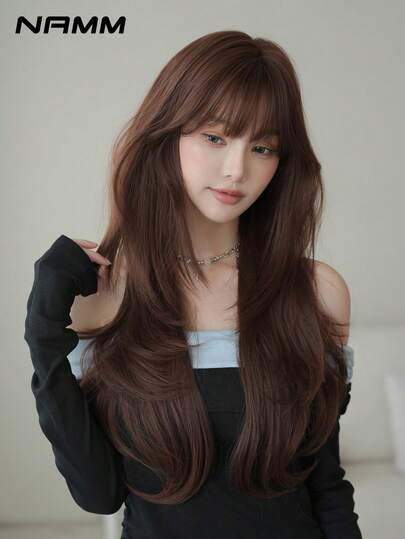 NAMM 26 Inch Dark Brown Curly Wig For Women , High Density 150% With Rose Net Cap,High Temperature Silky Syntehtic Fiber Synthetic Costume Wig For Versatile Daily Wear Sakura Celebrations Glam & Party Streetwear Photography - Girls Gift Wig Accessories