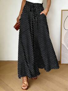 女士波点抽绳腰带休闲百搭阔腿裤，适合日常穿着 - 黑與白 - 查看 4