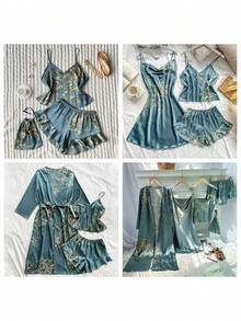 5pcs Women Sleepwear Set Including Spaghetti Strap Robe, Nightgown, Thin Jacket, Mid-Length Sleepwear, Bathrobe, Suitable For All Seasons - Malachite Green - View 11