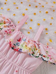 Bộ áo liền quần không tay in họa tiết sọc nhún bèo mùa hè cho bé gái - Hồng - Xem 3