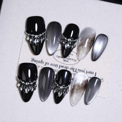 10片黑色杏仁形哥特风100%纯手工假指甲 - 奢华渐变猫眼效果尖头假指甲，饰有闪亮水钻，可重复使用，光泽亮丽，适合派对和日常佩戴