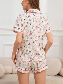 Floral Print Contrast Piping PJ Set - Multicolor - View 3