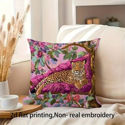 1Pc Luxury Pink Decorative Throw Pillow Cover - 17.7*17.7 Inches, 2D Printed Cheetah & Floral Design Cushion Case, Suitable For Bed, Living Room, Bedroom, Non-Embroidered Decorative Pillow Case, Machine Washable With Zipper, Gifts For Family Friends, Sofa Accessories (No Insert)