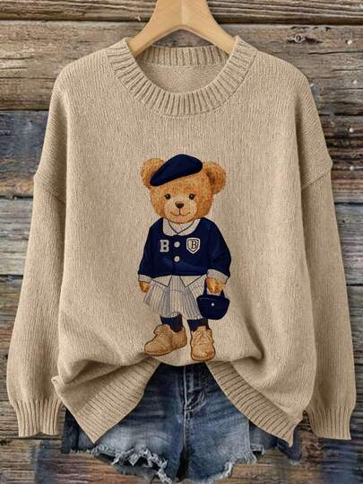 2026 春季新款小熊图案印花圆领长袖学院风休闲套头针织衫