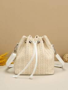 1 chiếc túi đeo chéo bằng rơm kiểu dáng mới mùa xuân/hè, túi đeo vai mini thời trang có dây rút, thích hợp cho đi biển, đi làm, mua sắm. - Màu be - Xem 6