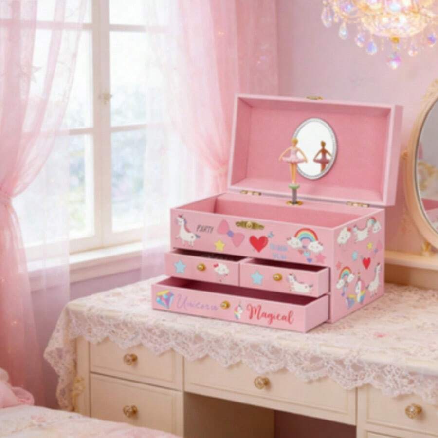 Unicorn Musical Jewelry Box For Girls | Spinning Ballerina, 3 Drawers & Jewelry Set | Christmas Gift With Waltz Of Flowers Tune - Hồng - Xem 1