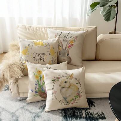 4pcs Easter Style Pillow Covers, Easter Egg & Bunny Print Pattern, Vintage Linen Material Cushion Cases, Hidden Zipper Closure, Machine Washable, Home Decorative Throw Pillow Covers For Sofa, Living Room, Bedroom, No Pillow Insert