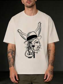 1件男士时尚百搭朋克兔子印花短袖T恤，夏季 - 杏色 - 查看 7