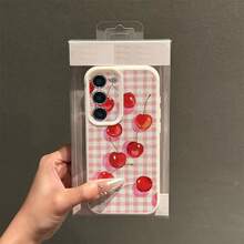 1pc TPU Material Sweet Pink Plaid Cherry Pattern Fashionable Phone Case Compatible With Samsung A05s, A12, A13, A14, A14 4G, A15, A21s, A23, A25, A32, A32 5G, A34, A35, A50s, A51, A52, A53, A54, A55, A71, A72, A73, S10, S20 FE, S20 Ultra, S21 Ultra, S22, S22 Plus, S23, S24, Redmi 10C, 12C, Note 10, 11, 12, 13, Pro Plus, Note 8, 9 Pro, Full Protective Soft Phone Cover - White - View 1