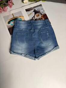 Women's Casual Ripped Denim Mini Shorts Medium Stretch Straight Leg Summer Style - Blue - View 6