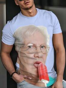 个性白色T恤，趣味奶奶吃冰淇淋3D印花，吸睛创意男士休闲时尚短袖，100%涤纶 - 彩色 - 查看 3