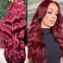 13x4 Lace Front Wigs Blended Human Hair Pre Plucked 200% Density Body Wave HD Lace Front Wigs Human Hair Transparent Frontal Glueless Wigs Virgin Human Hair With Baby Hair For Women #Burgundy 99J 34 Inch - SBUG - View 9