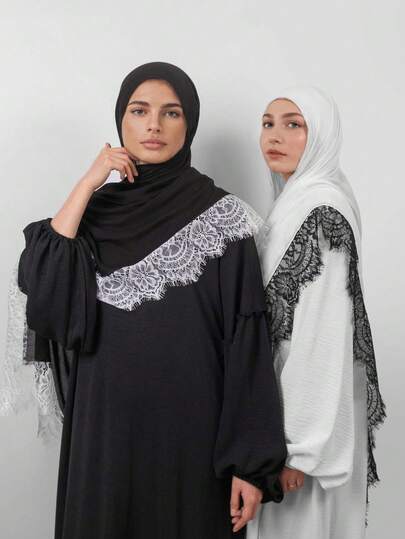 1pc Midnight Lace Modal Hijab Scarf, Bohemian Muslim Women Lightweight Viscose Voile Shawl, Fashion Headscarf Suitable For Daily Wear And All Seasons