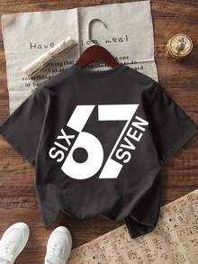 Tween Boy "67" Funny Number Graphic Fashion Boys' Summer Short Sleeve T-Shirt, Suitable For Casual, School, And Street Wear - Dark Grey - View 2