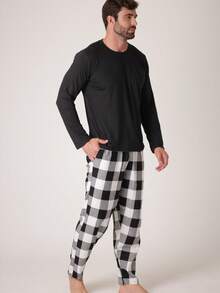 Men's Long Plaid Pajamas Cold Winter Flannel - 黑色 - 查看 6