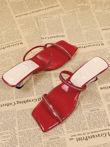 Summer Square Toe Rhinestone Decor Red High Heel Sandals For Women, Casual Backless Mule Sandals - Red - View 3