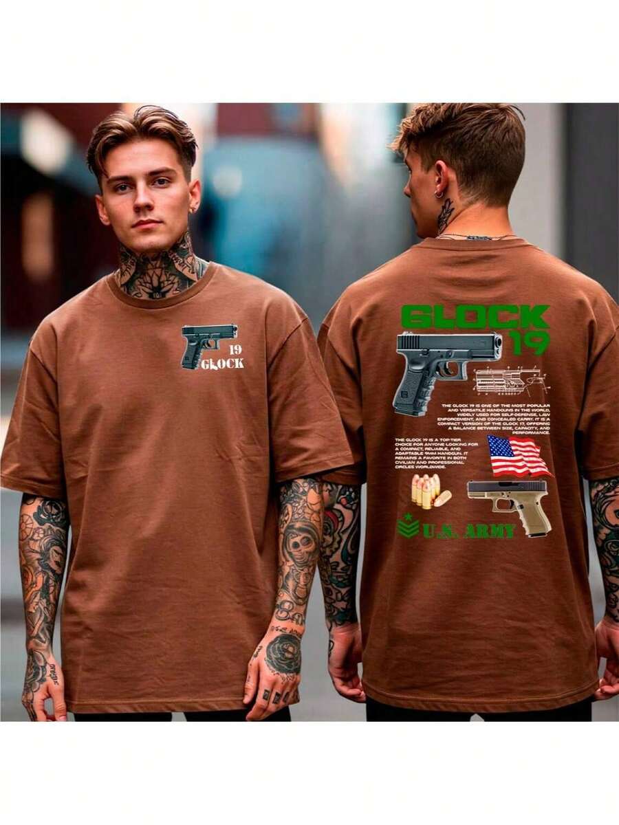 Camiseta Casual Oversized Glok Militar Tiro Esportivo Atirador - Marrom - Visão 1