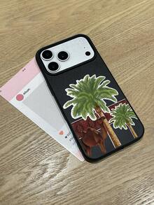 Eid Mubarak Phone Case, Camel & Date Palm Tree Pattern, Black Matte Faux Leather Texture TPU Anti-Slip Anti-Fingerprint, Arabian Desert Oasis Aesthetic Phone Case Compatible With Apple & - Black - View 4