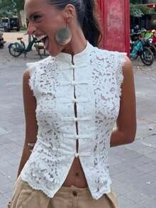 Y2K Women's Lace Stand Up Collar Vest - Off Shoulder Sleeveless Frog Button Fan-Shaped Hem Lace Shirt Top Suitable For Summer Daily Gatherings, Concerts, Vacations, And Parties - 白色 - 查看 7