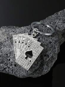 1 pieza Llavero personalizado de póker para hombres, llavero/colgante de moda de tarjeta de póker con strass, estilo europeo y americano para mochila/coche - Plateado - Ver 4