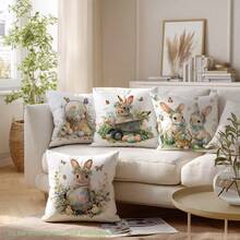 MEMNUN 4件套复活节花卉彩蛋篮小鸡兔子印花涤纶装饰枕套【不含枕芯】，尺寸：17.7*17.7英寸（45*45厘米）/19.69*19.69英寸（50*50厘米）/15.75*15.75英寸（40*40厘米），【单面印花】花卉蝴蝶彩蛋复活节春季主题抱枕套，房间装饰，家居装饰 - 彩色 - 查看 7
