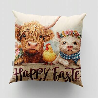 1 pieza Funda de almohada con estampado de vaca de las tierras altas de Pascua, 45cm X 45cm/18" X 18", Funda de almohada decorativa con encanto de vaca de las tierras altas, pollo y flores de Pascua, 100% poliéster, lavado a mano, cierre con cremallera, adecuado para sala de estar, dormitorio, sofá, cama, decoración exterior, funda de almohada no incluida