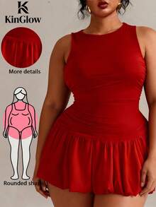 KINGLOW 大码女士优雅无袖圆领红色迷你连衣裙，适合叠穿作为正式服装，适合外出、派对、约会、情人节和其他夏季场合。 - 紅色 - 查看 4