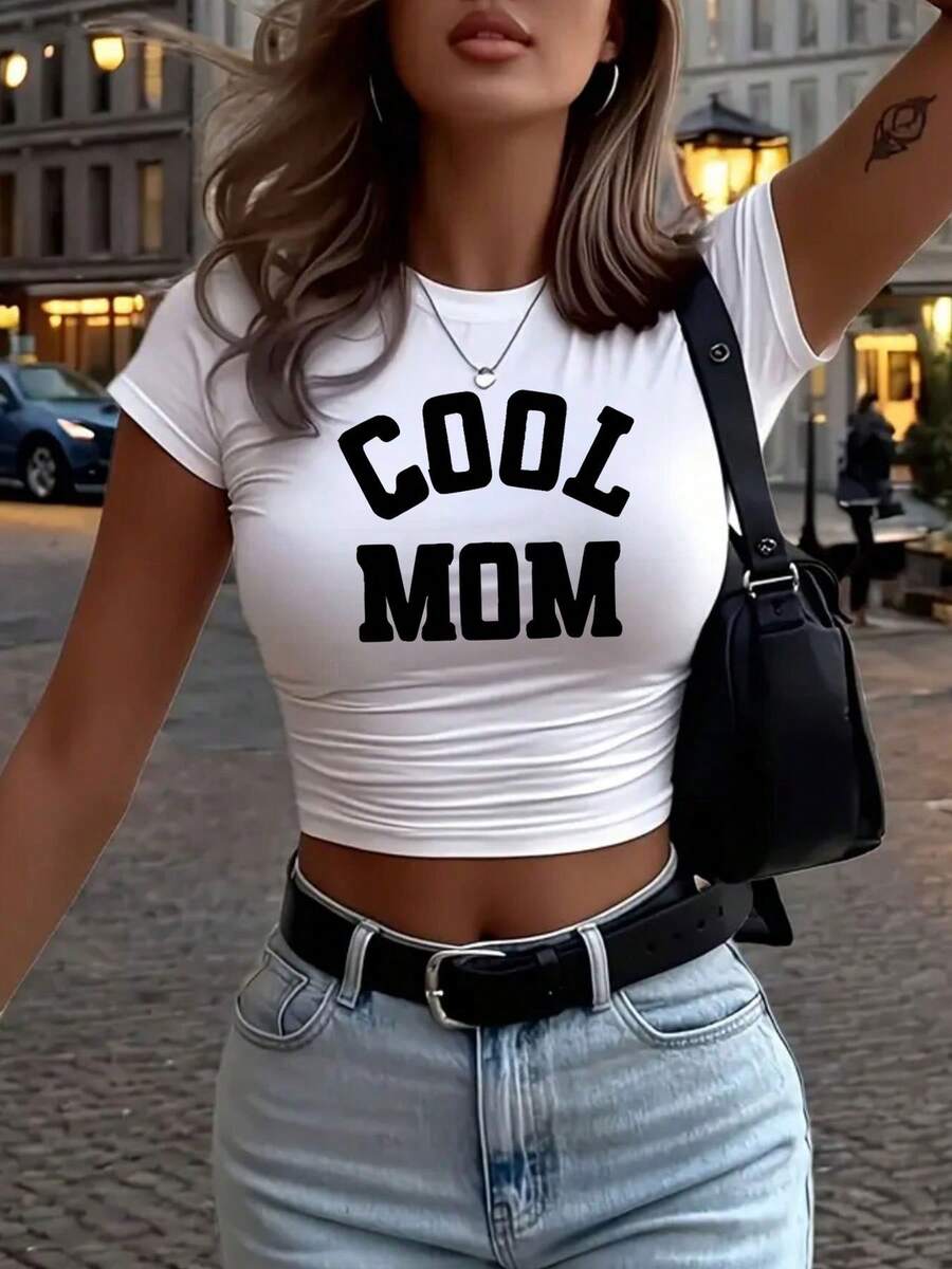 Women's Sexy Crop Top T-Shirt - Stretchy Waist-Revealing Tee, Lightweight Breathable Shirt For Everyday & Special Occasions - Machine Washable Streetwear Outfit Essential - Cool Mom Graphic Casual Summer Top, Fashion, Slim Fit Tee, Soft Texture, Fashion Lovers - trắng - Xem 1