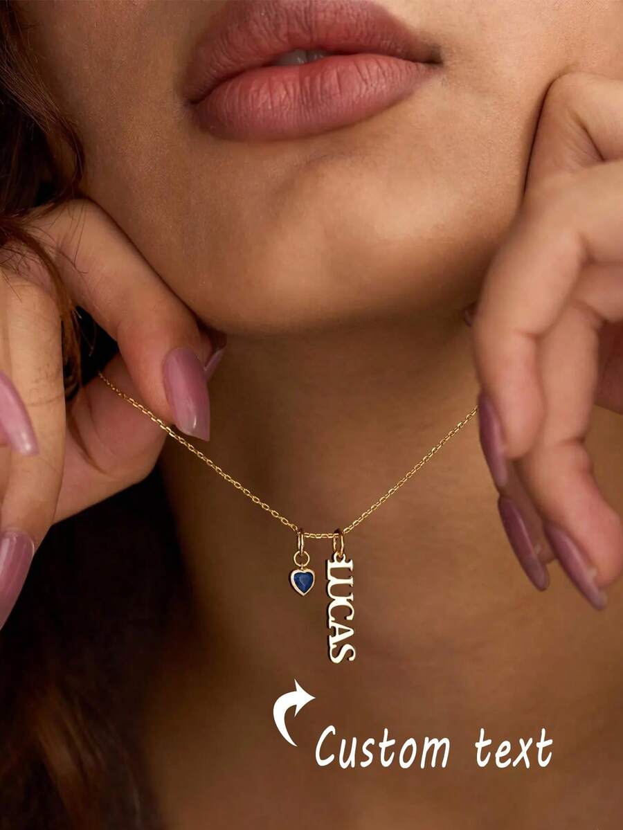1pc Customized Heart-Shaped Vertical Hanging Name Necklace, Women's Stainless Steel Gold Letter Personalized Birthday Gift - Multicolor - View 1