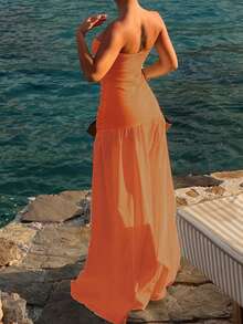 Vestido de vacaciones elegante de línea A sin tirantes y calado, casual y sexy para primavera/verano - Naranja Quemada - Ver 3