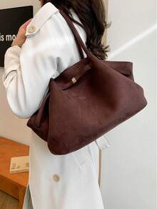 Dedoo 1pc Faux Suede Tote Bag, Large Capacity Solid Color Mature Elegant Ladies Handbag, Retro Style Work Bag, Suitable For Girls, Women, College Students, Office Workers - 棕色 - 查看 2