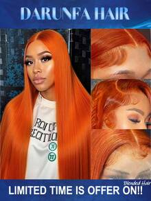 34英寸13x4直发蕾丝前假发，混合真人发，200%密度，高清透明蕾丝前真人发假发，女士无胶假发，预先拔毛真人发，#姜黄色350色 - S350 - 查看 1