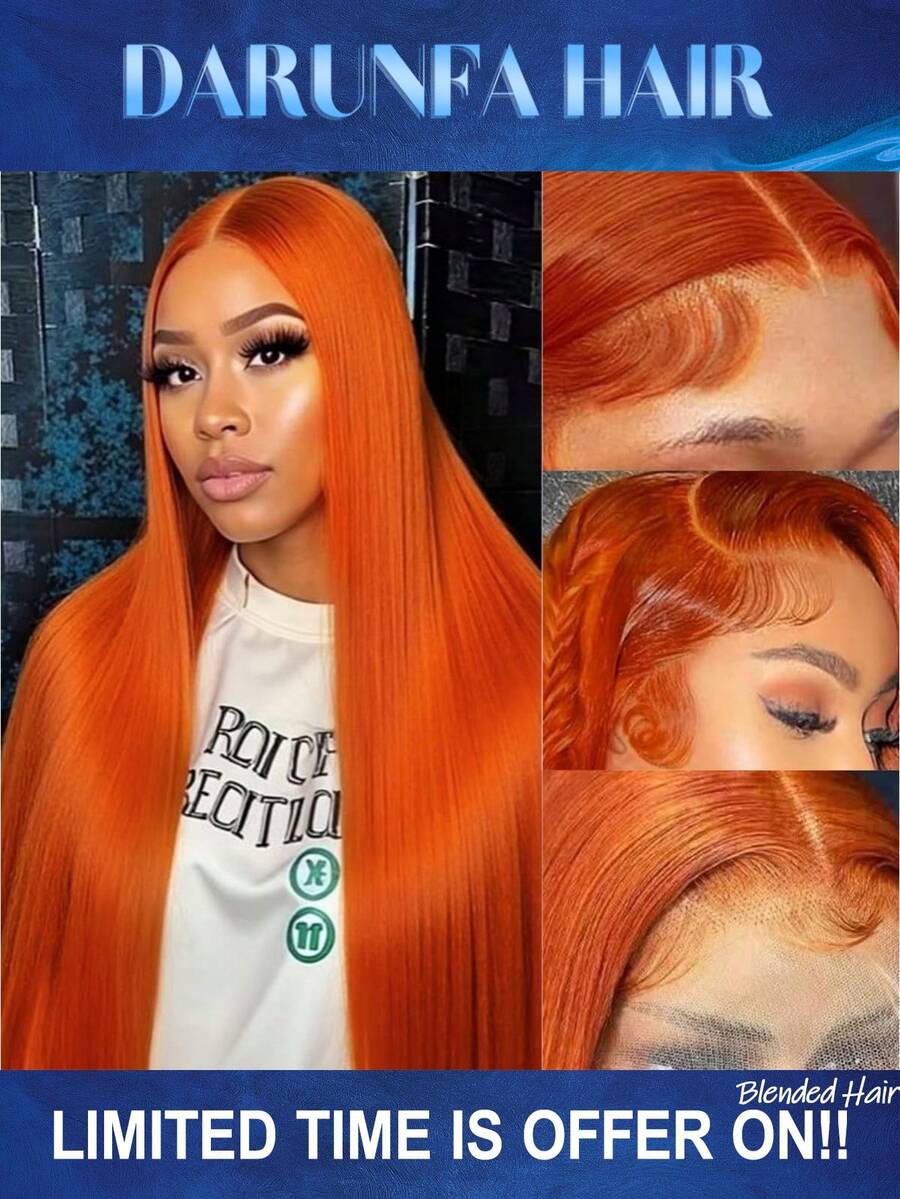 34英寸13x4直发蕾丝前假发，混合真人发，200%密度，高清透明蕾丝前真人发假发，女士无胶假发，预先拔毛真人发，#姜黄色350色 - S350 - 查看 1