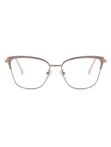 1 Pair Women's Pink Cat Eye Rhinestone Metal Frame Personality Spring Legs Retro Fashionable Non-Prescription Glasses - Pink - View 3