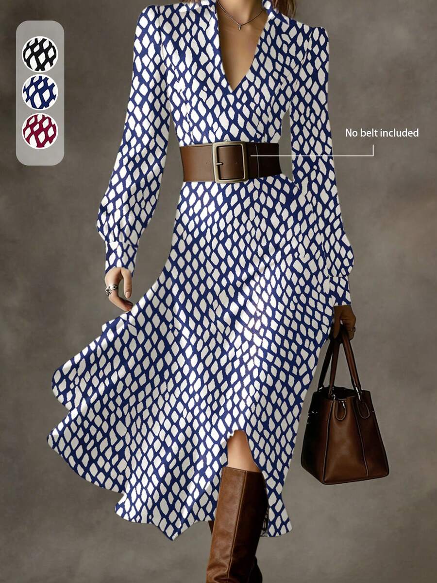 （不含腰带）春夏优雅印花收腰衬衫裙，长裙设计，适合通勤、工作、约会度假等场合。 - 寶藍色 - 查看 1