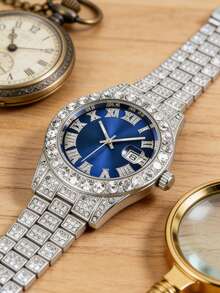 3pcs Luxury Crystal Inlaid Men's Silver Watch Set, Including 1 Crystal Blue Roman Numeral Quartz Watch, 1 Silver Chain Bracelet, 1 Black Rhombus Textured PU Wallet, With Silver Metal Strap And Sparkling Crystal Bezel. - Silver - View 5